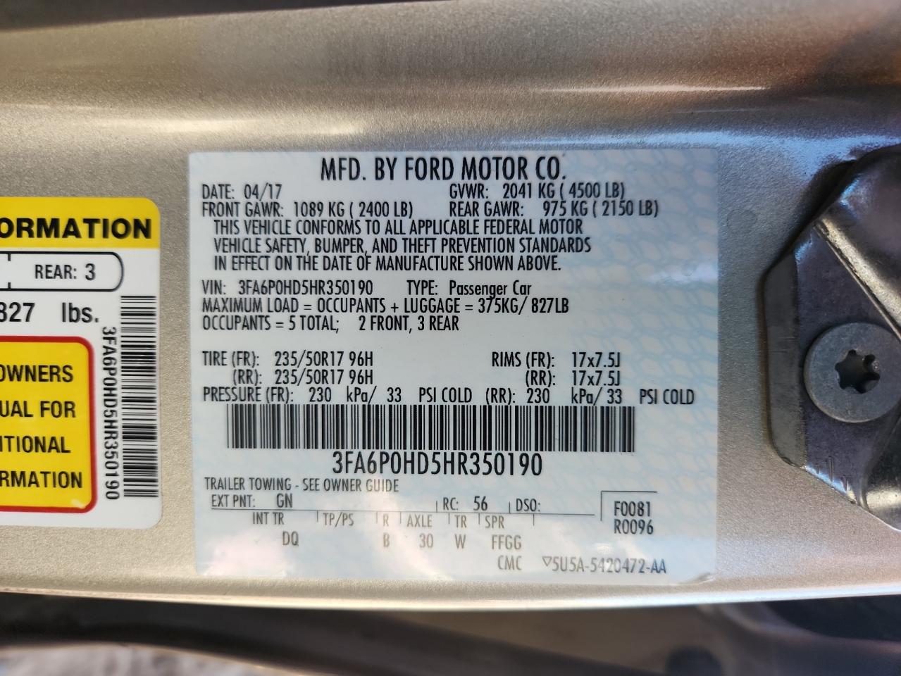 2017 Ford Fusion Se VIN: 3FA6P0HD5HR350190 Lot: 85164485