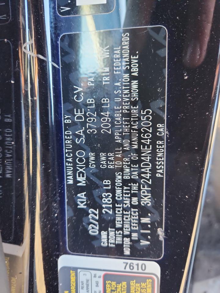 2022 Kia Forte Fe VIN: 3KPF24AD4NE462055 Lot: 86874745