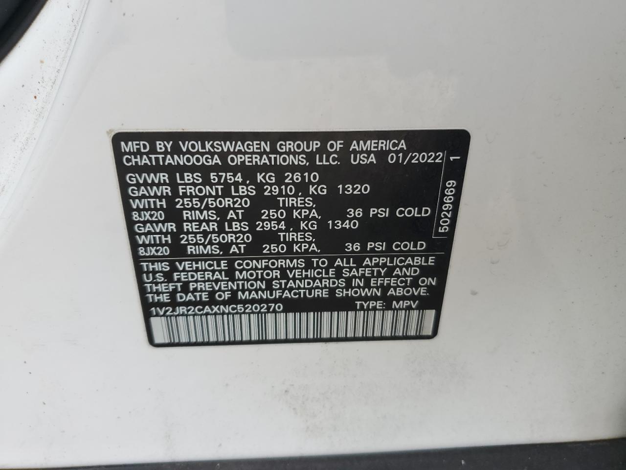 2022 Volkswagen Atlas Se VIN: 1V2JR2CAXNC520270 Lot: 82375835