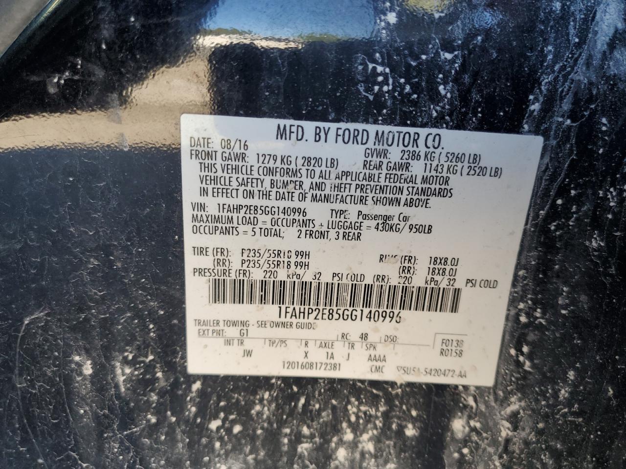 2016 Ford Taurus Sel VIN: 1FAHP2E85GG140996 Lot: 82353155