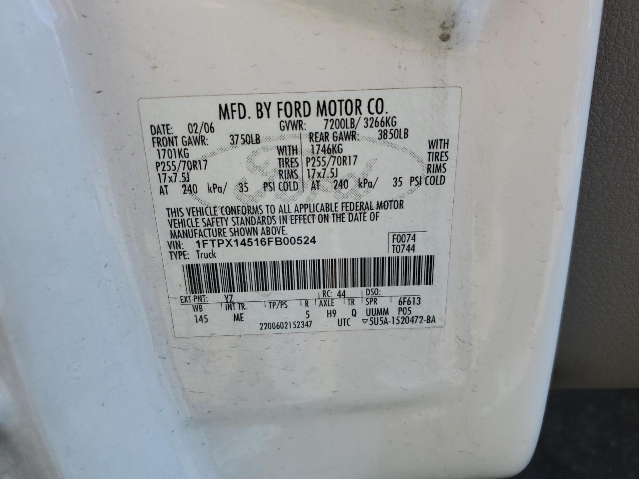 2006 Ford F150 VIN: 1FTPX14516FB00524 Lot: 82247845