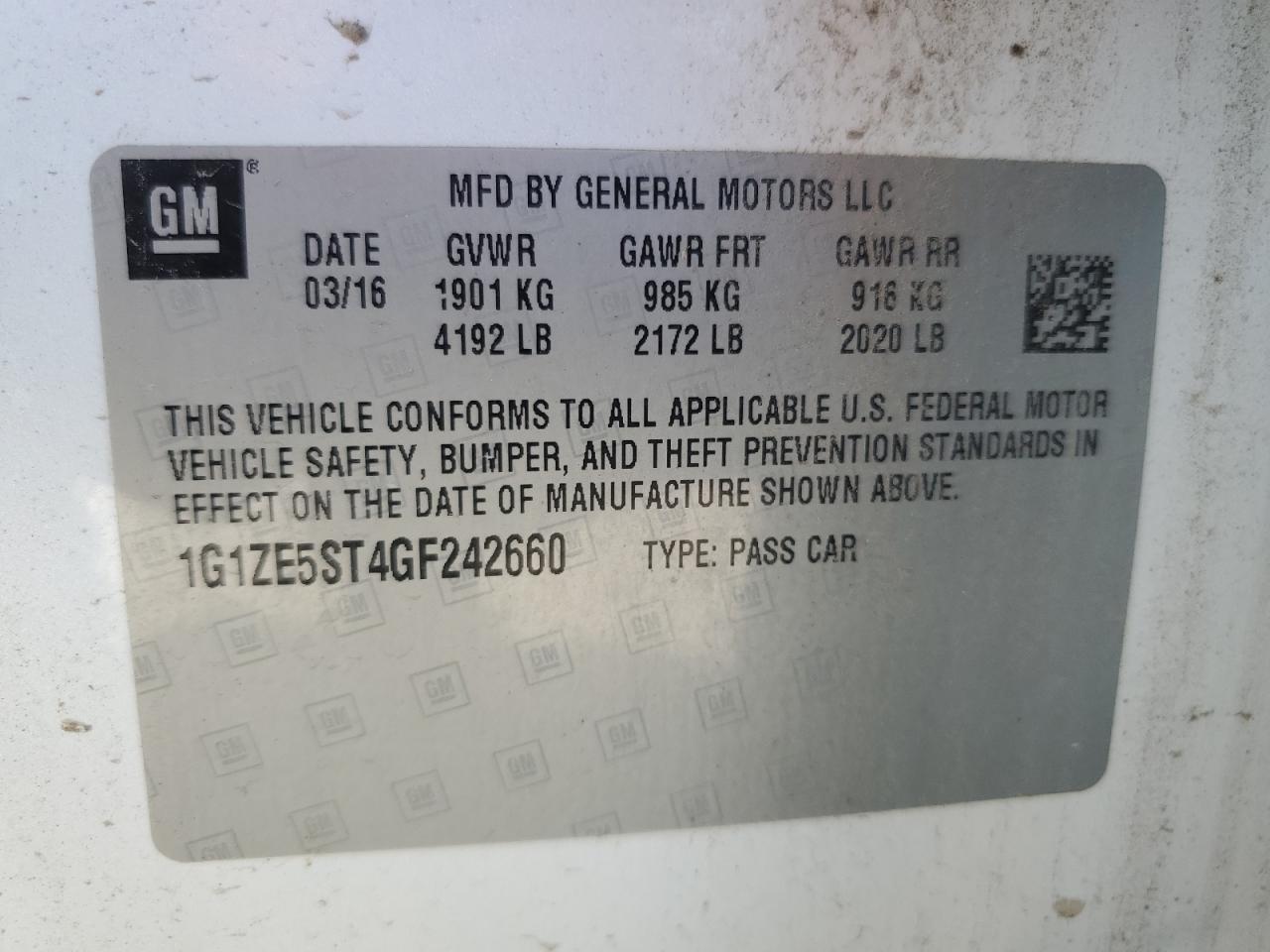 2016 Chevrolet Malibu Lt VIN: 1G1ZE5ST4GF242660 Lot: 85934955