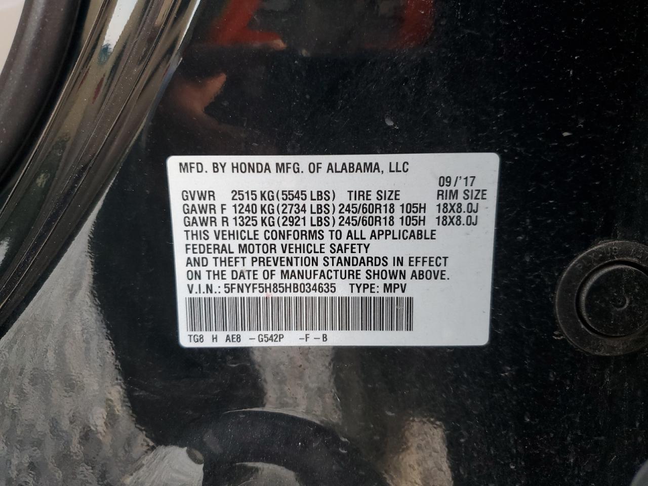 2017 Honda Pilot Exl VIN: 5FNYF5H85HB034635 Lot: 89524425