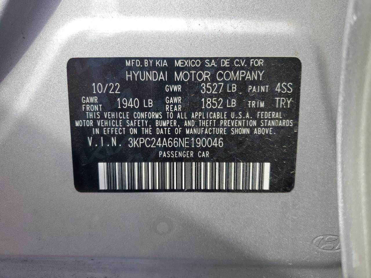 2022 Hyundai Accent Se VIN: 3KPC24A66NE190046 Lot: 85569265