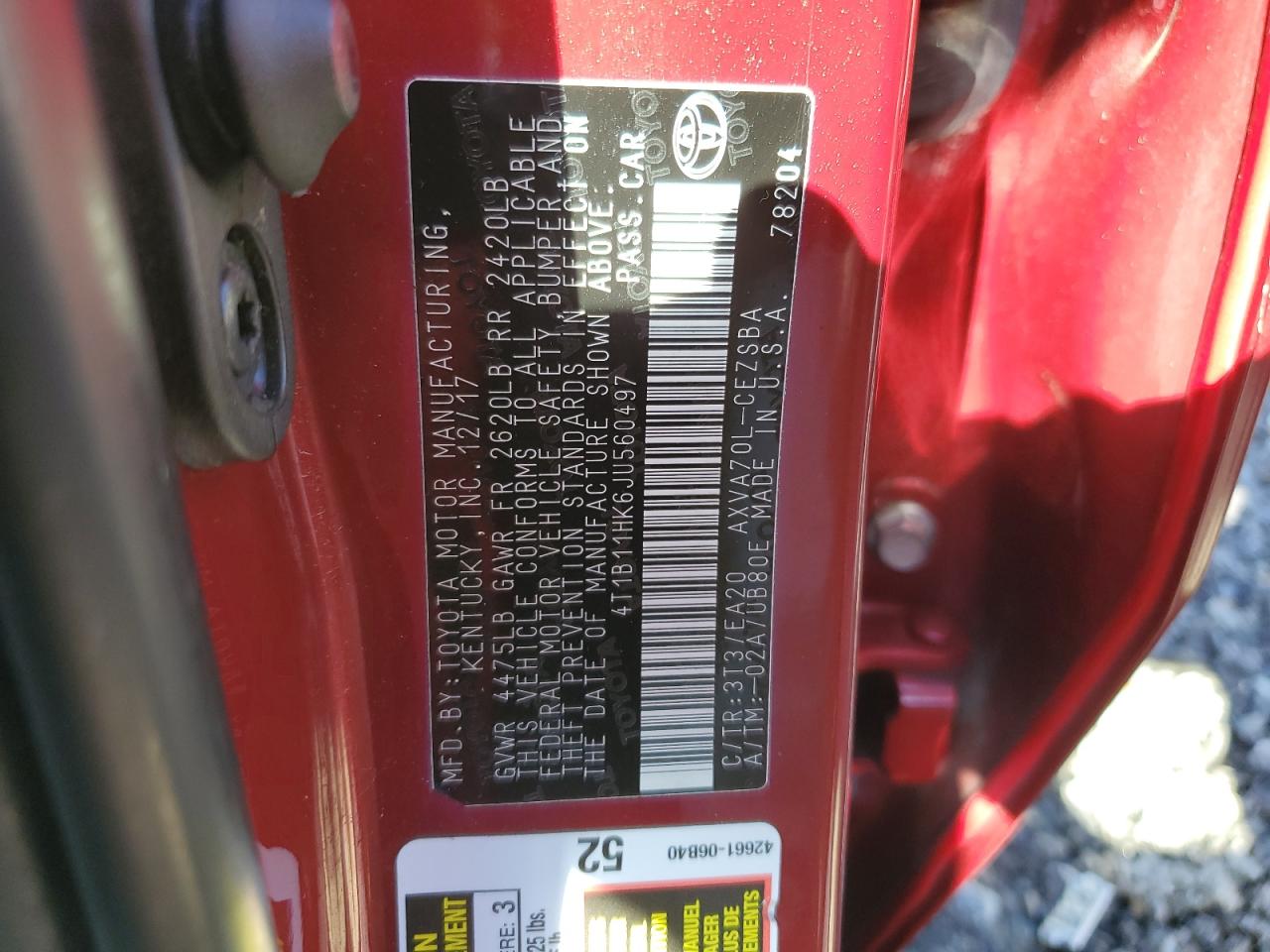 2018 Toyota Camry L VIN: 4T1B11HK6JU560497 Lot: 85729735