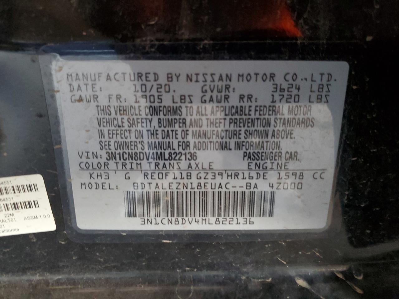 2021 Nissan Versa S VIN: 3N1CN8DV4ML822136 Lot: 90898515