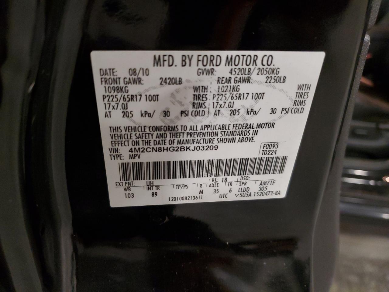 2011 Mercury Mariner Premier VIN: 4M2CN8HG2BKJ03209 Lot: 82428025