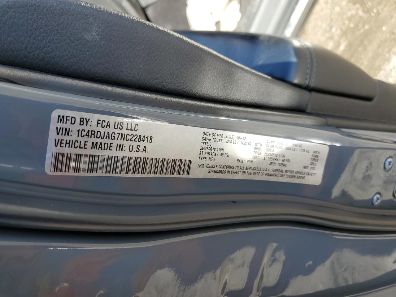 2022 Dodge Durango Sxt VIN: 1C4RDJAG7NC228418 Lot: 86487655