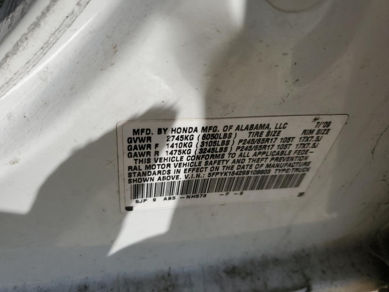 2009 Honda Ridgeline Rts VIN: 5FPYK16429B108803 Lot: 84991305