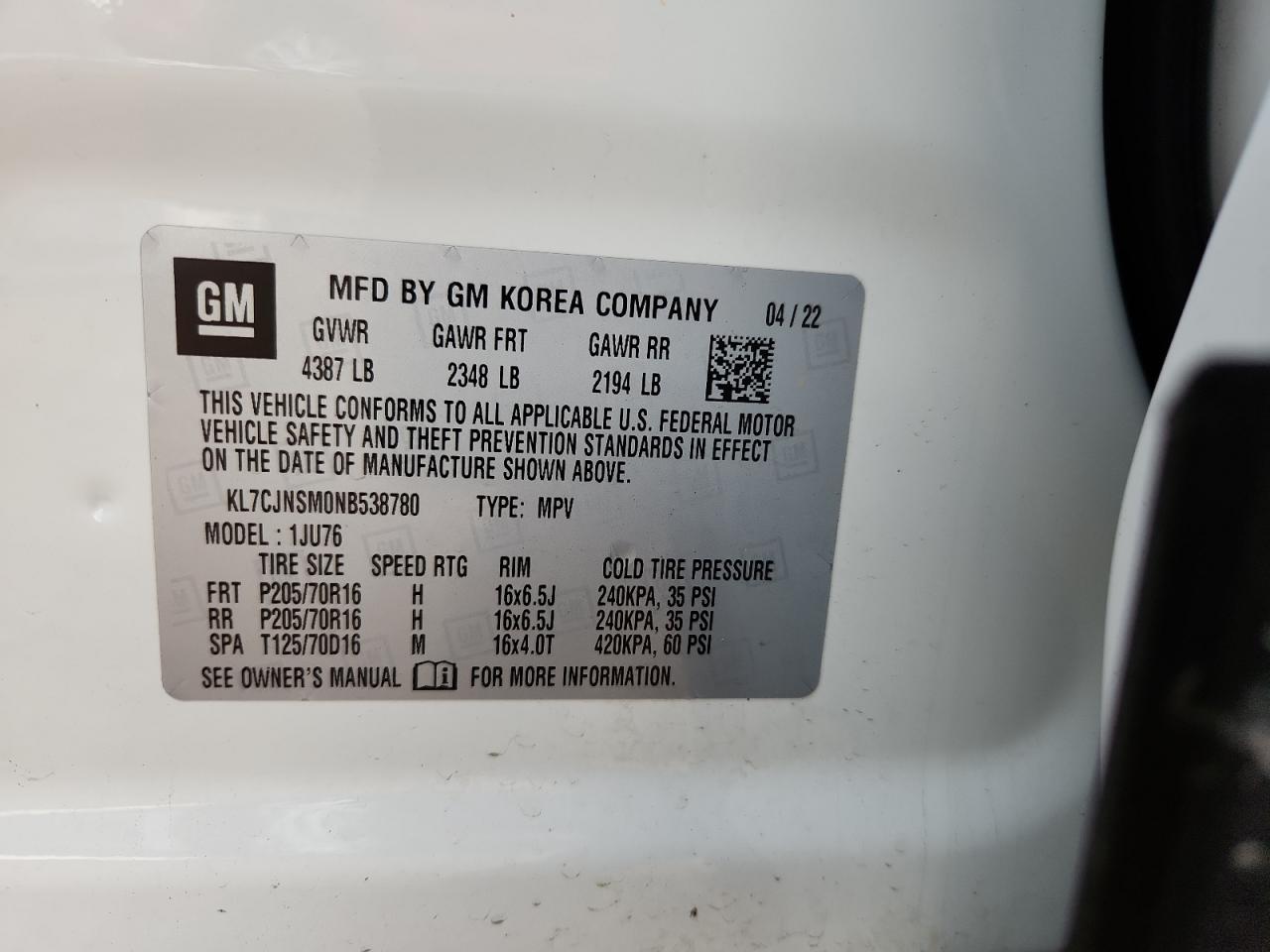 2022 Chevrolet Trax Ls VIN: KL7CJNSM0NB538780 Lot: 90619795