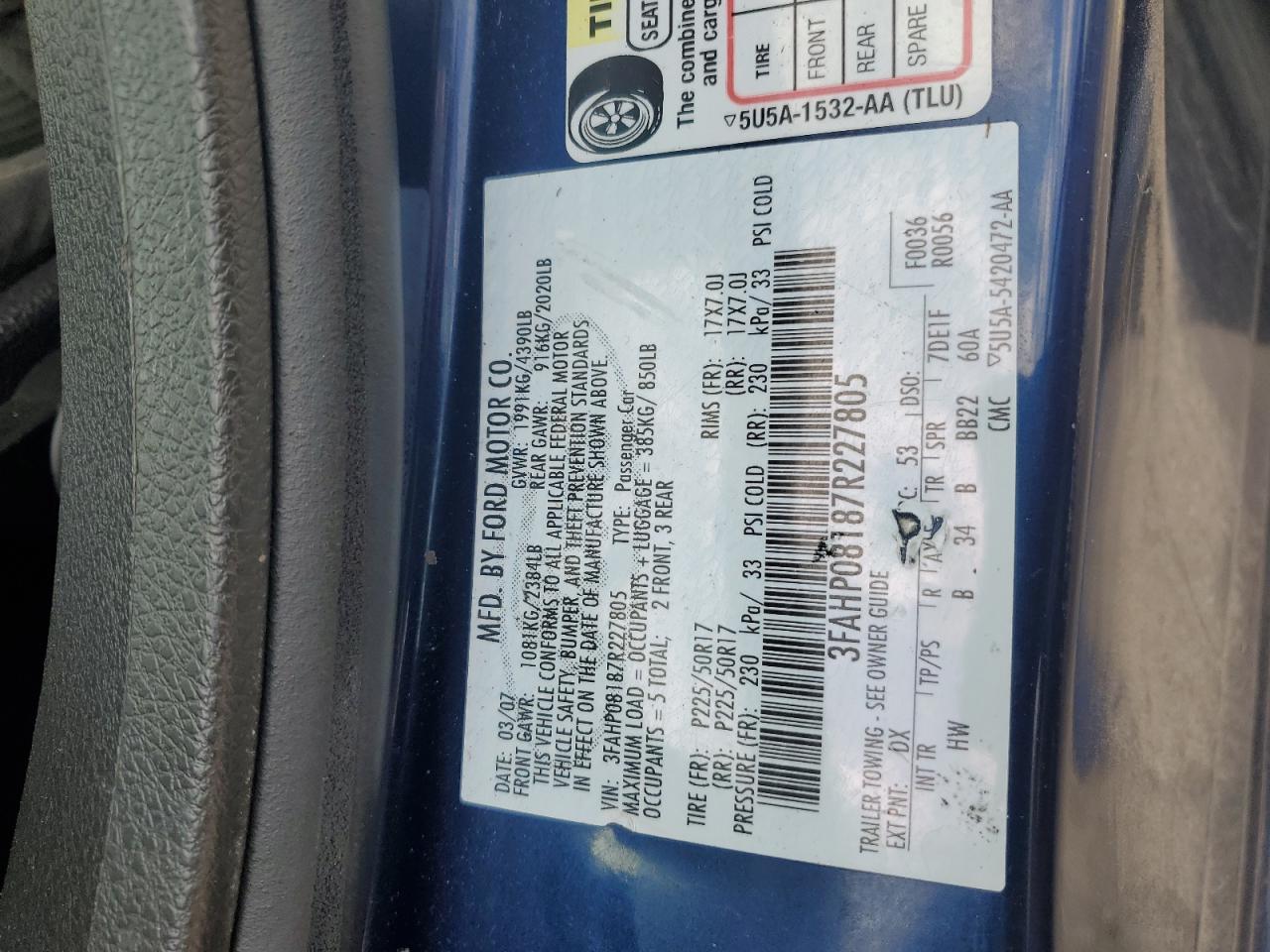 2007 Ford Fusion Sel VIN: 3FAHP08187R227805 Lot: 84886575