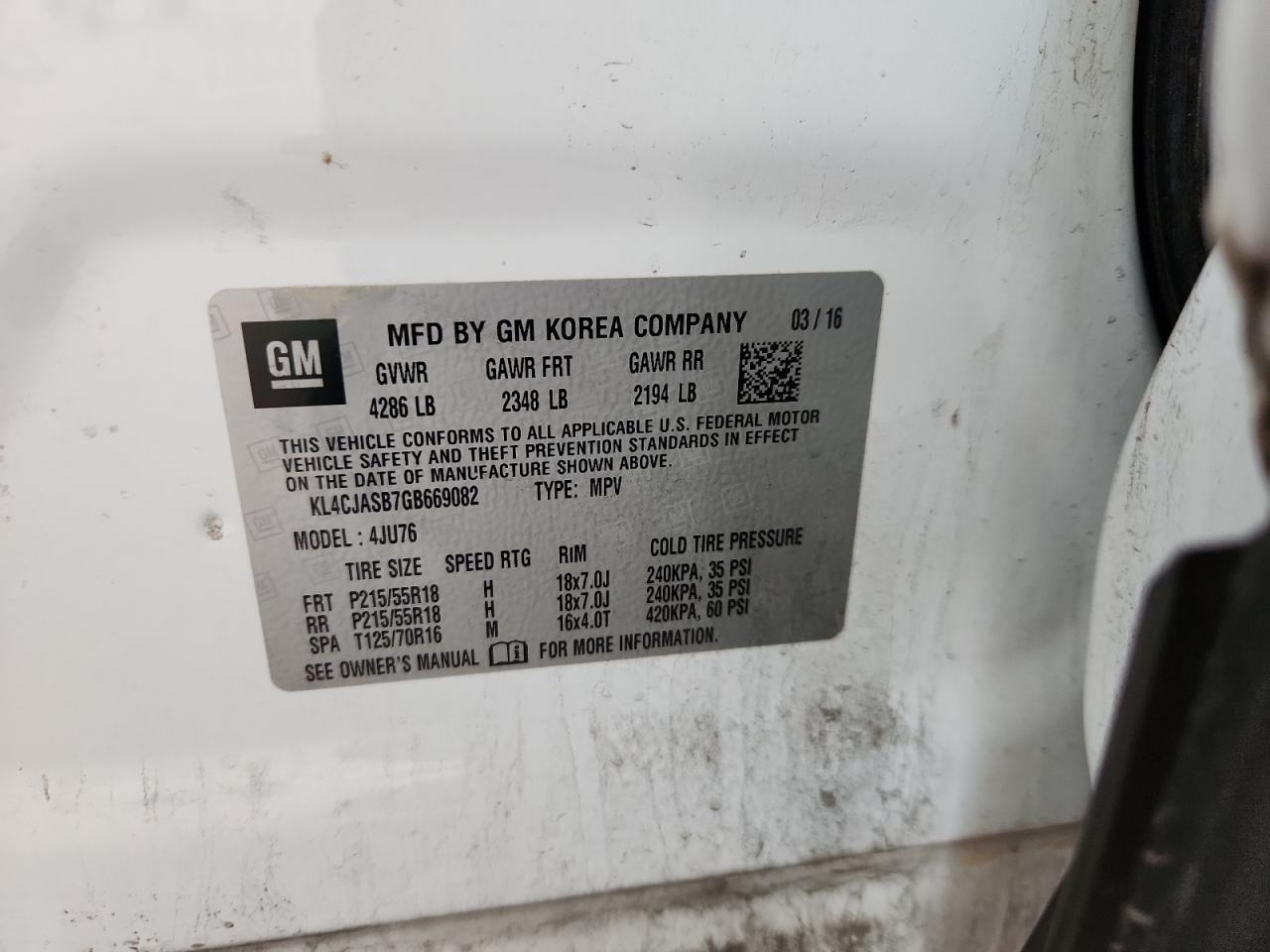 2016 Buick Encore VIN: KL4CJASB7GB669082 Lot: 89693925