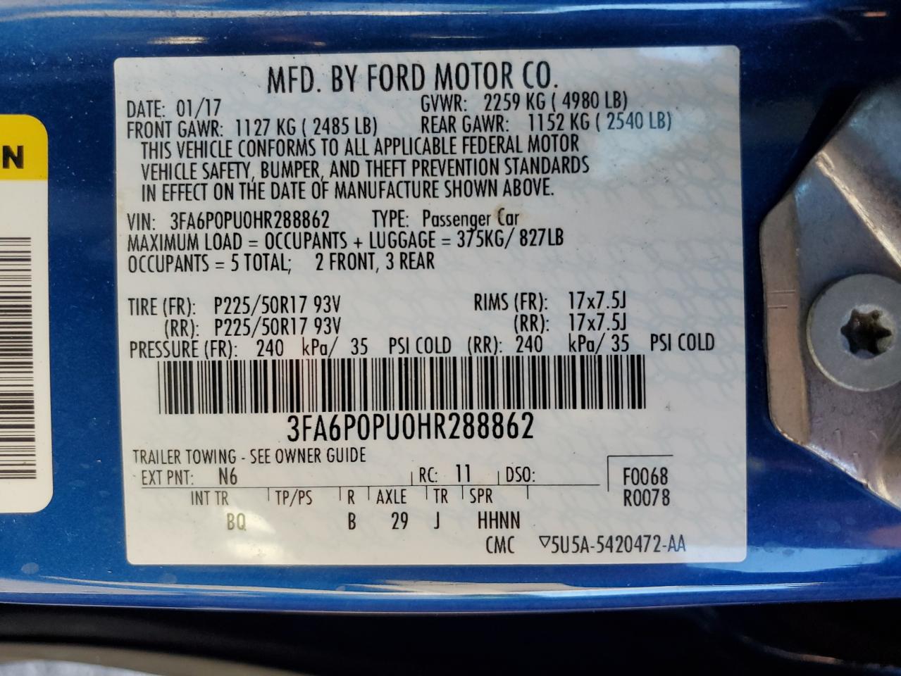 2017 Ford Fusion Se Phev VIN: 3FA6P0PU0HR288862 Lot: 85013595