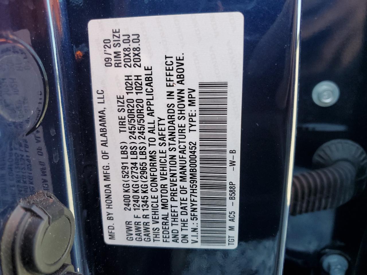 2021 Honda Passport Exl VIN: 5FNYF7H59MB000452 Lot: 89501885