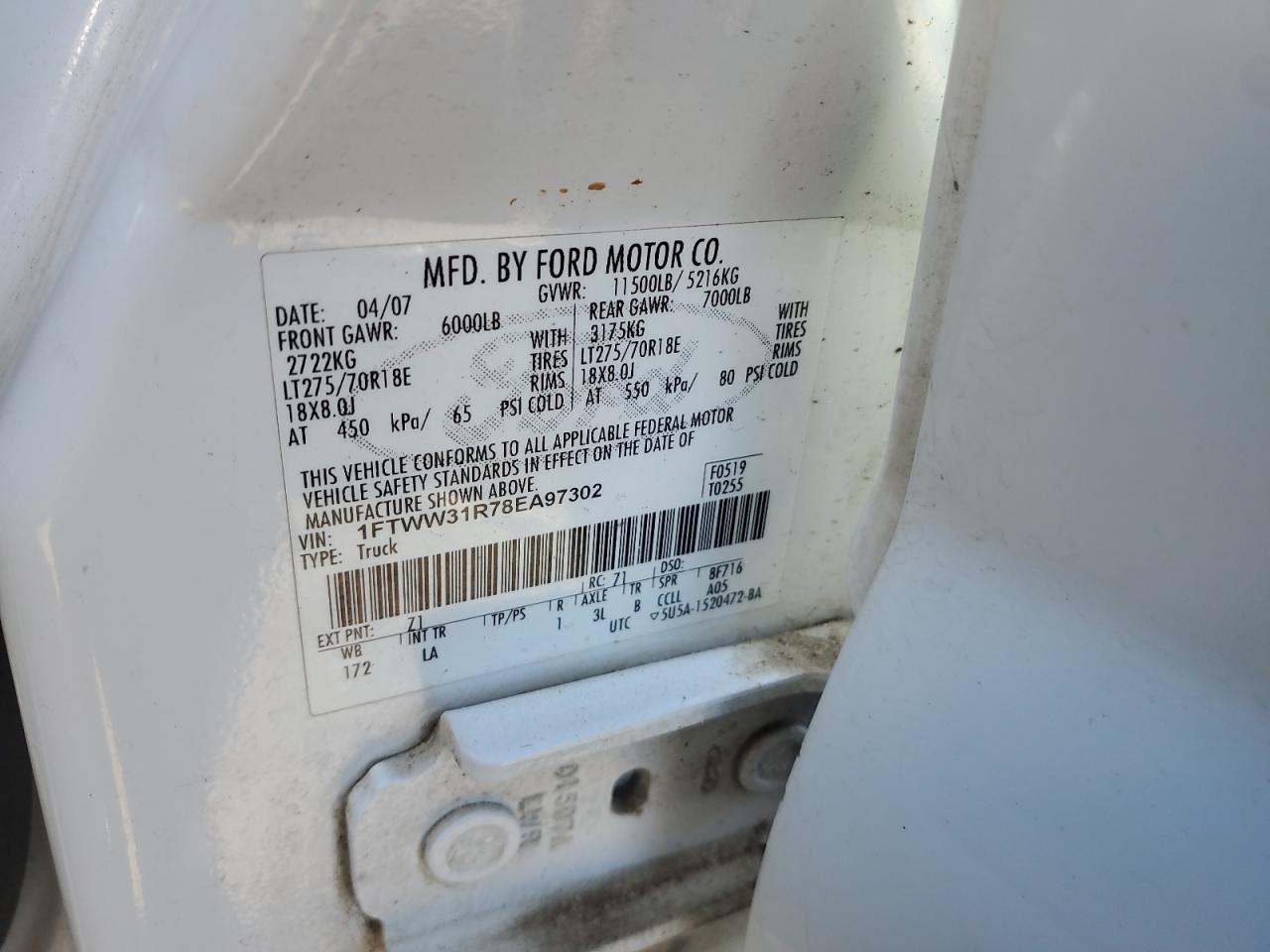 2008 Ford F350 Srw Super Duty VIN: 1FTWW31R78EA97302 Lot: 86170945
