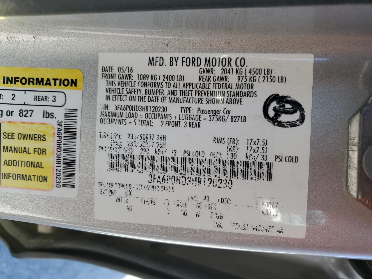 2017 Ford Fusion Se VIN: 3FA6P0HD3HR120230 Lot: 82293055