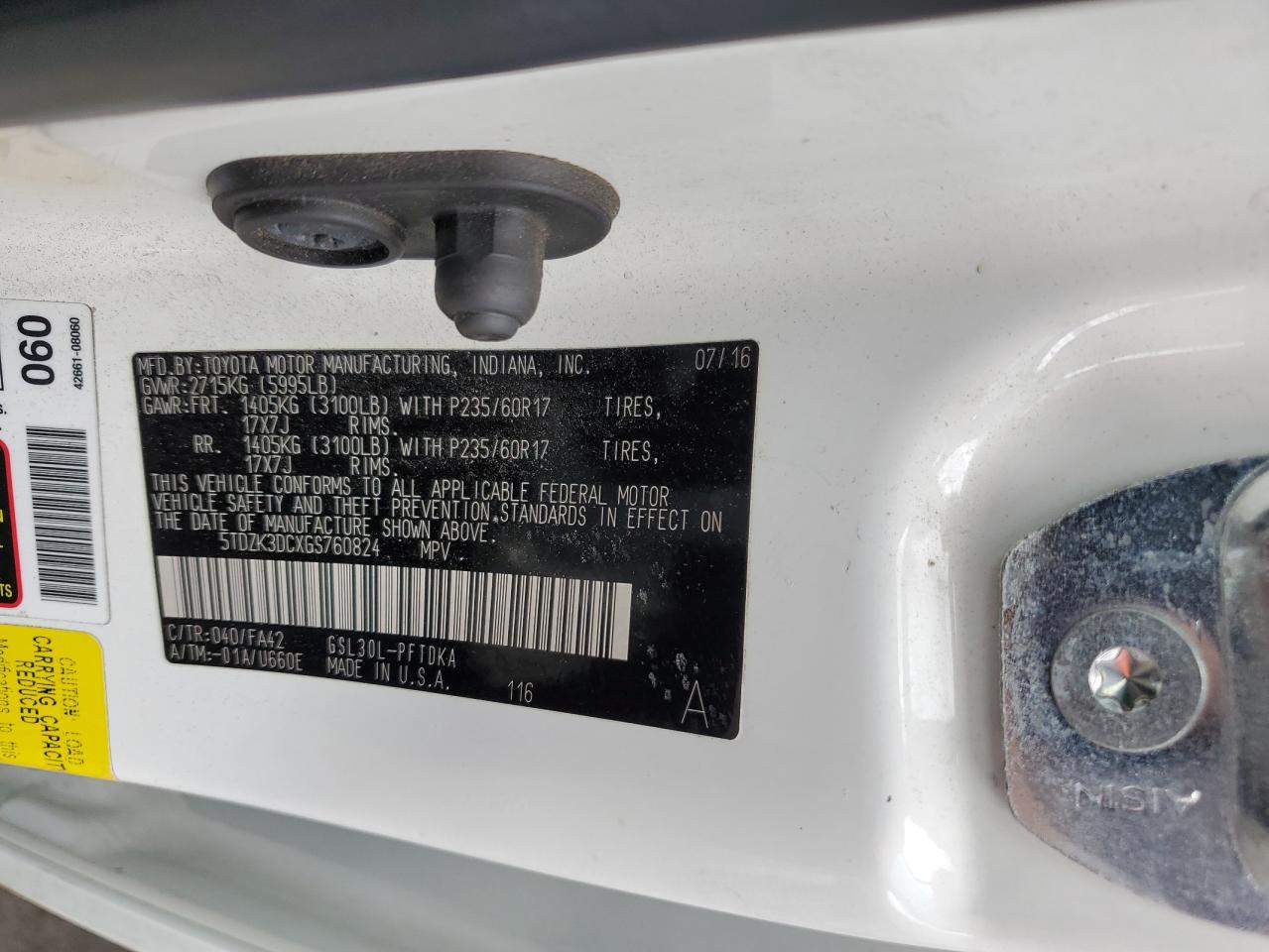 2016 Toyota Sienna VIN: 5TDZK3DCXGS760824 Lot: 86166605