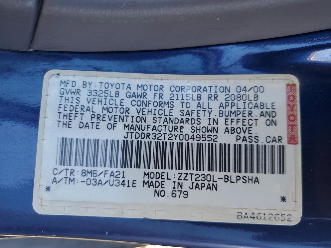 2000 Toyota Celica Gt VIN: JTDDR32T2Y0049552 Lot: 89483945