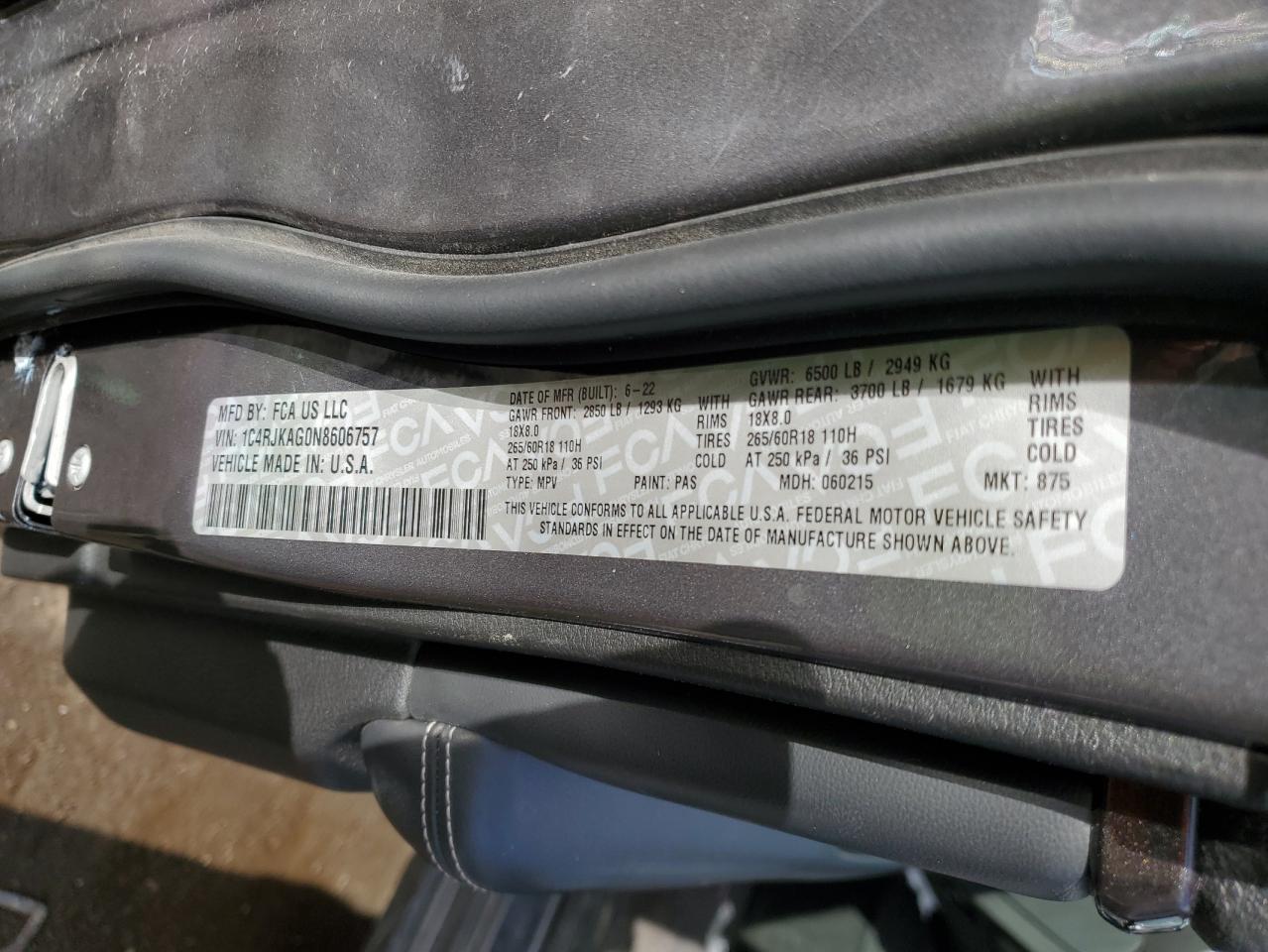 2022 Jeep Grand Cherokee L Laredo VIN: 1C4RJKAG0N8606757 Lot: 82643415