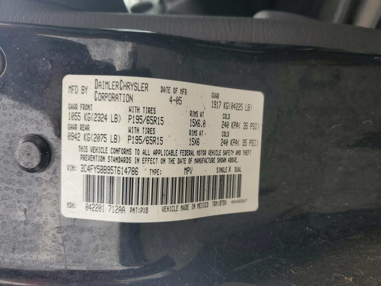 2005 Chrysler Pt Cruiser Touring VIN: 3C4FY58B95T614786 Lot: 86269635