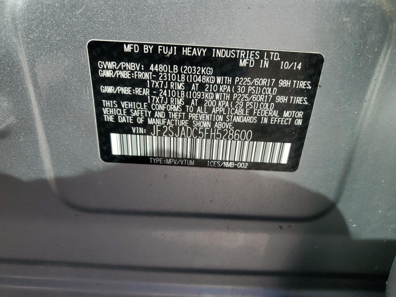 2015 Subaru Forester 2.5I Premium VIN: JF2SJADC5FH528600 Lot: 84769765