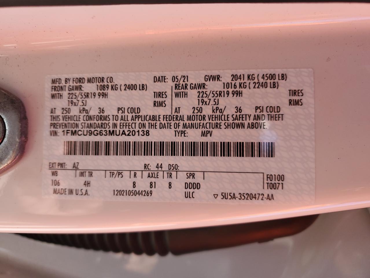 2021 Ford Escape Se VIN: 1FMCU9G63MUA20138 Lot: 85316385