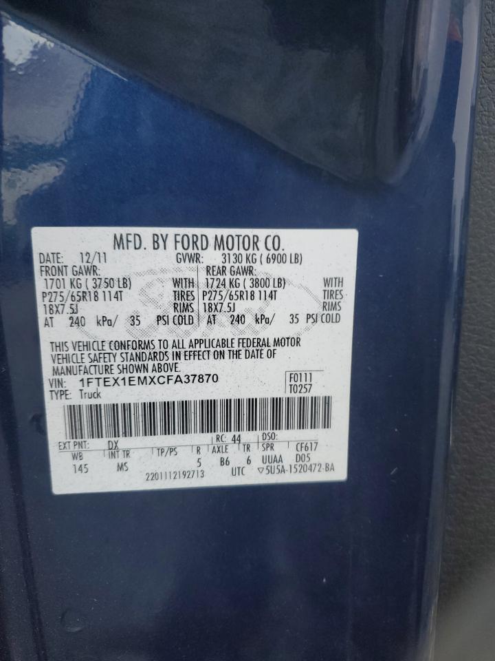 2012 Ford F150 Super Cab VIN: 1FTEX1EMXCFA37870 Lot: 89886605