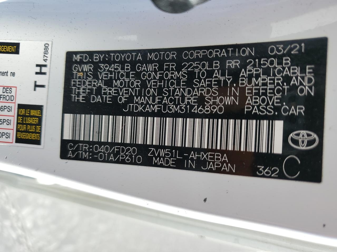 2021 Toyota Prius Special Edition VIN: JTDKAMFU3M3146890 Lot: 82693575