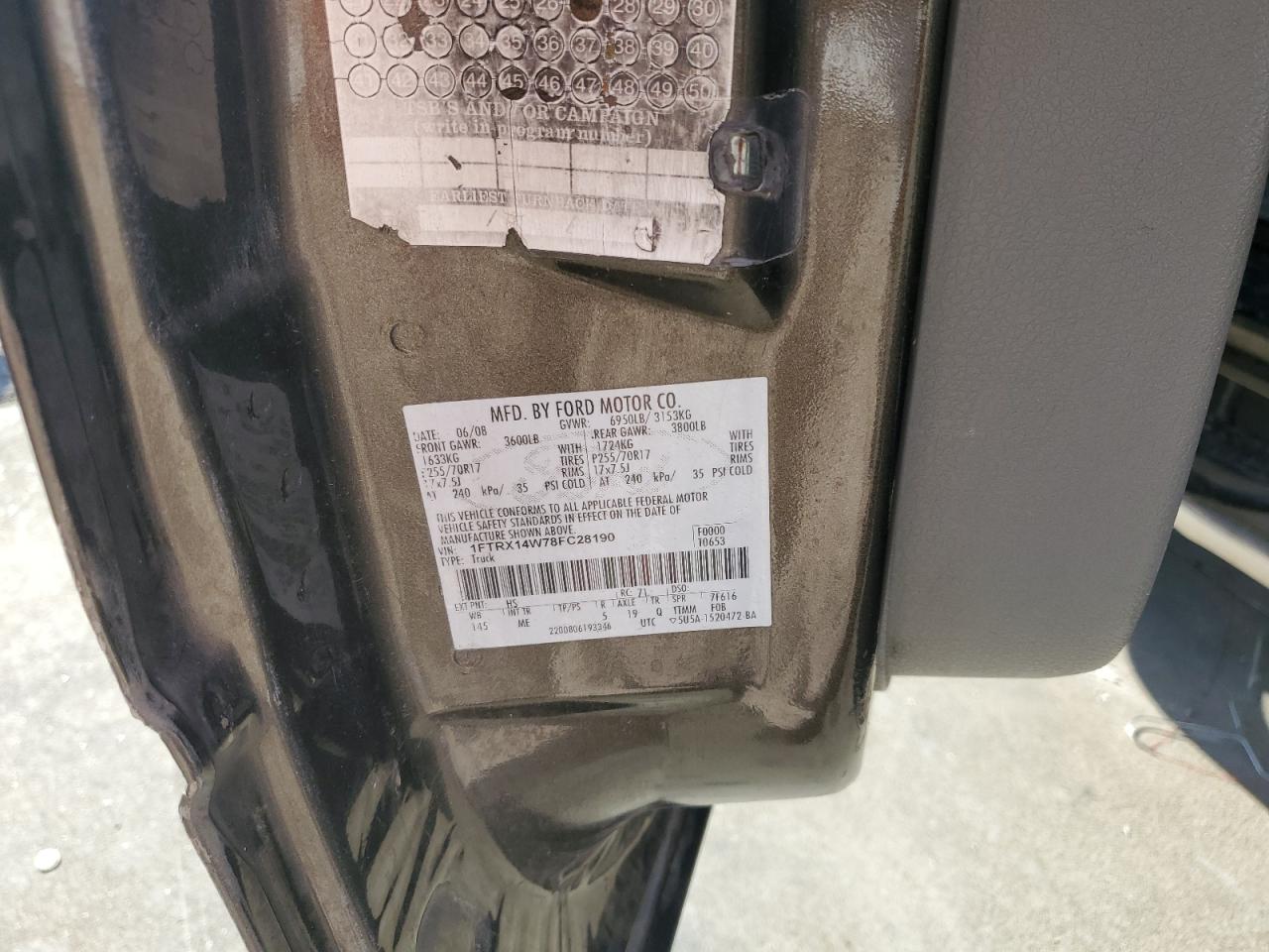 2008 Ford F150 VIN: 1FTRX14W78FC28190 Lot: 86838615