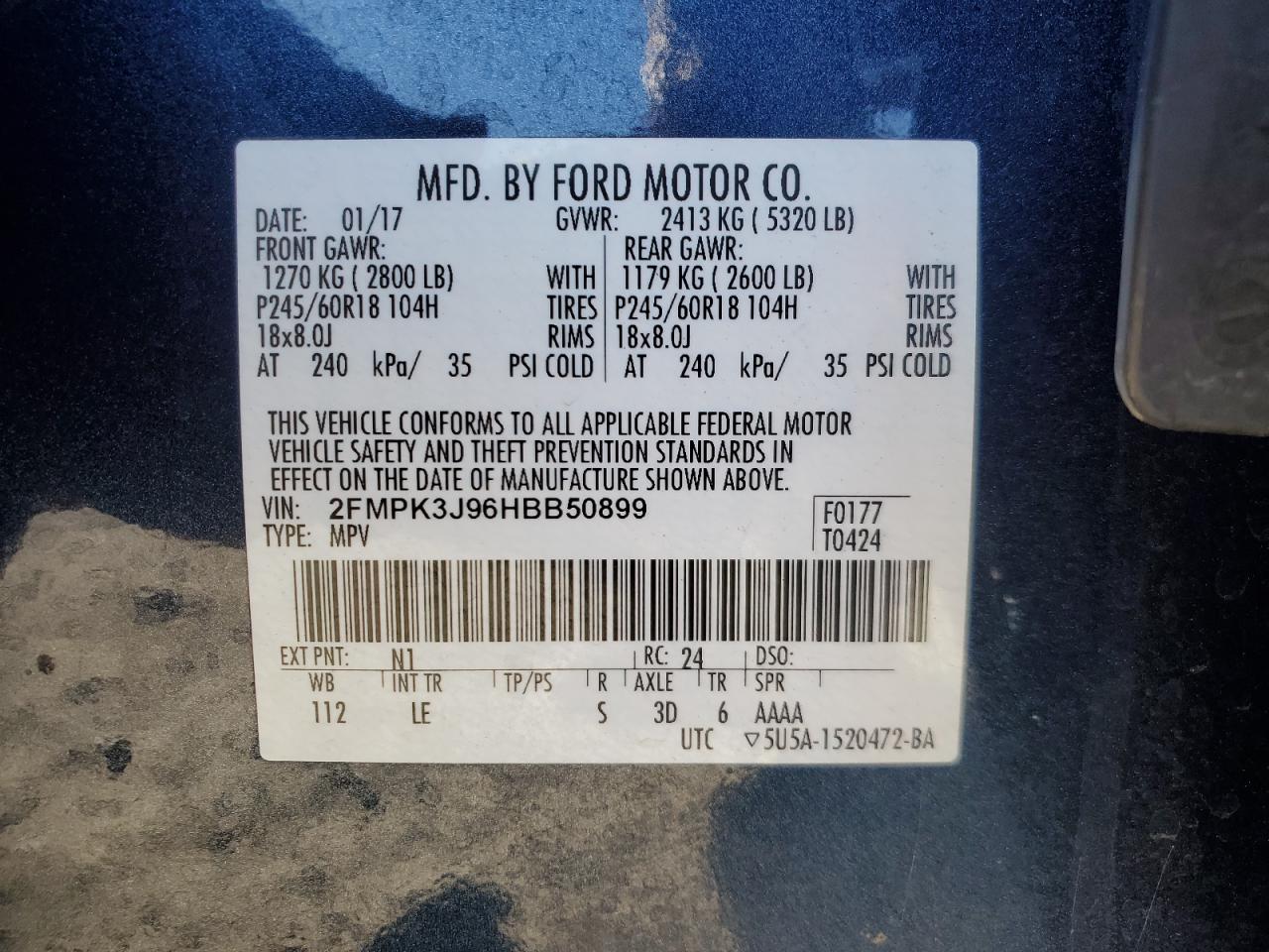 2017 Ford Edge Sel VIN: 2FMPK3J96HBB50899 Lot: 86782015