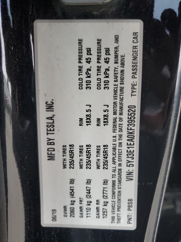 2019 Tesla Model 3 VIN: 5YJ3E1EA0KF395520 Lot: 87297525