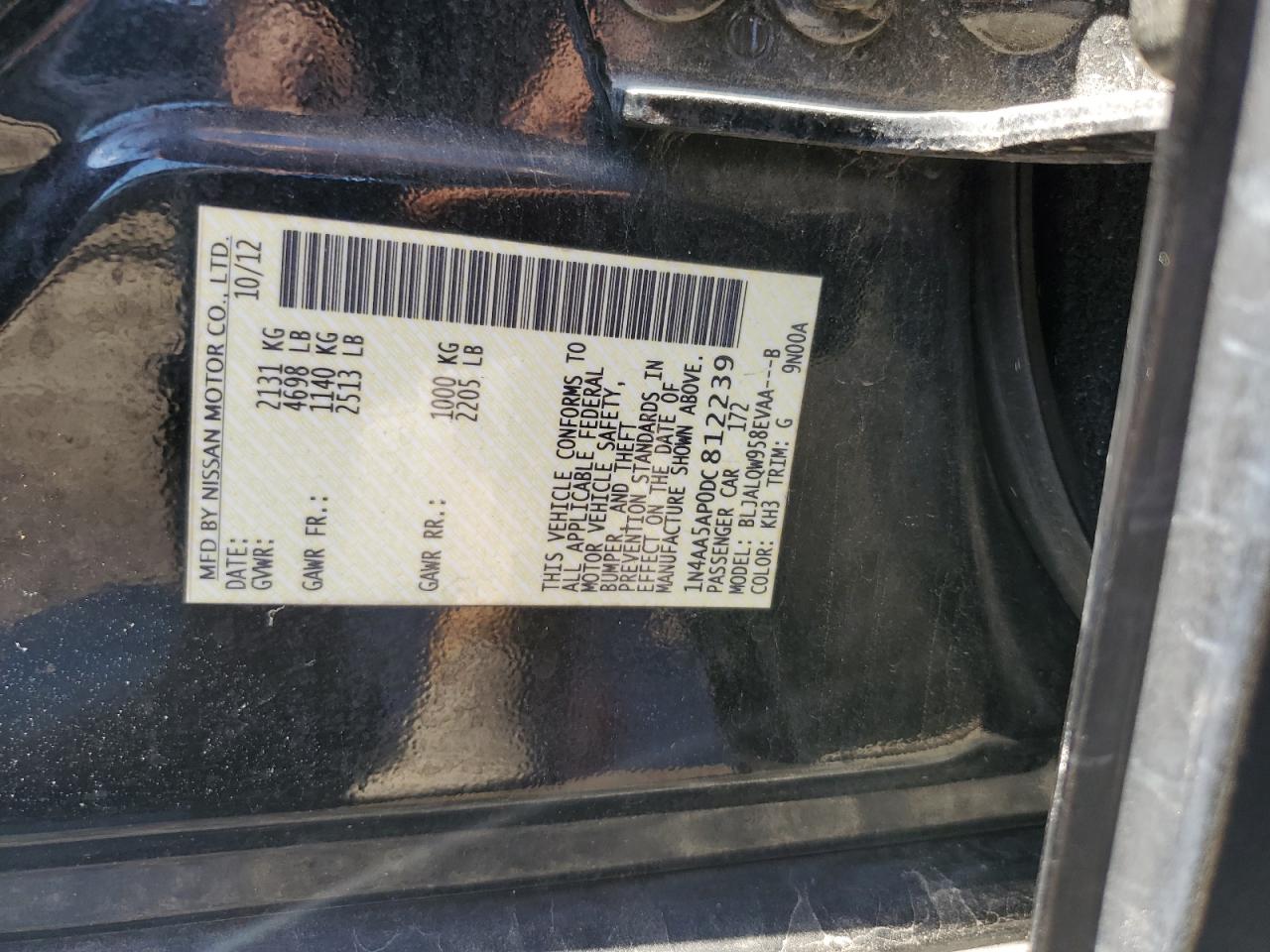 2013 Nissan Maxima S VIN: 1N4AA5AP0DC812239 Lot: 82250095