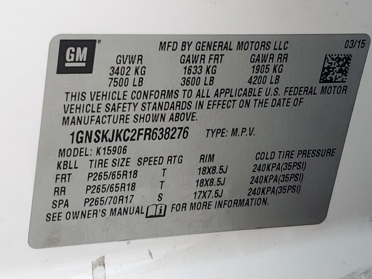 2015 Chevrolet Suburban K1500 Lt VIN: 1GNSKJKC2FR638276 Lot: 85897235