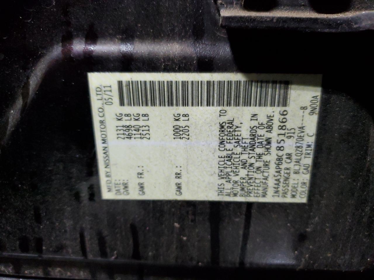 2011 Nissan Maxima S VIN: 1N4AA5AP6BC851866 Lot: 90300685