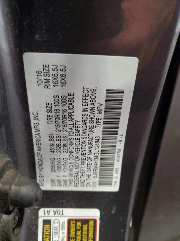 2016 Honda Cr-V Lx VIN: 5J6RM4H34GL124843 Lot: 84283425