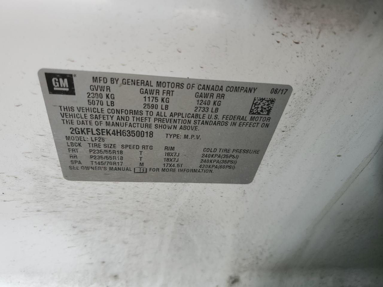 2017 GMC Terrain Sle VIN: 2GKFLSEK4H6350018 Lot: 85819825