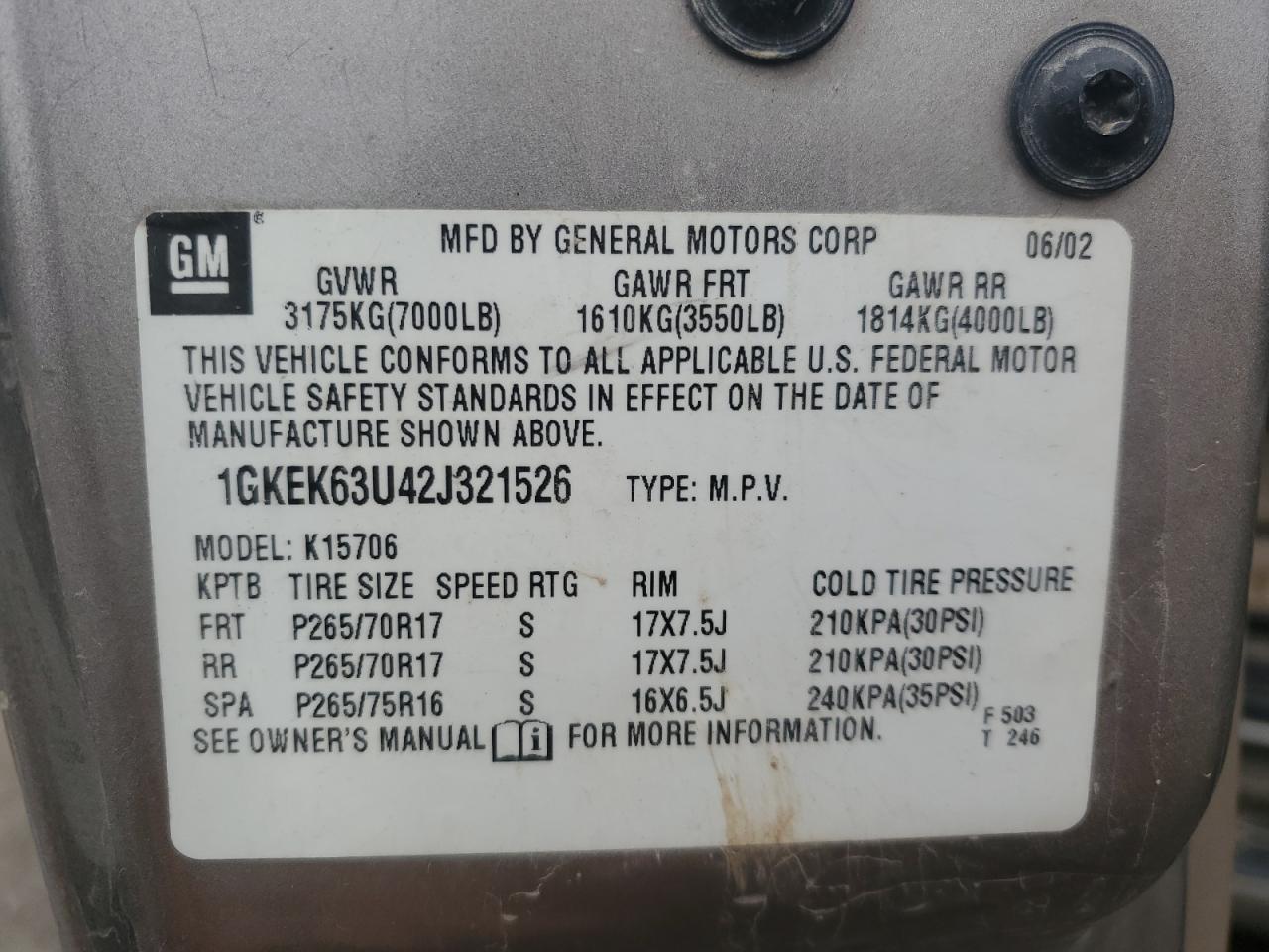 2002 GMC Denali VIN: 1GKEK63U42J321526 Lot: 89895725