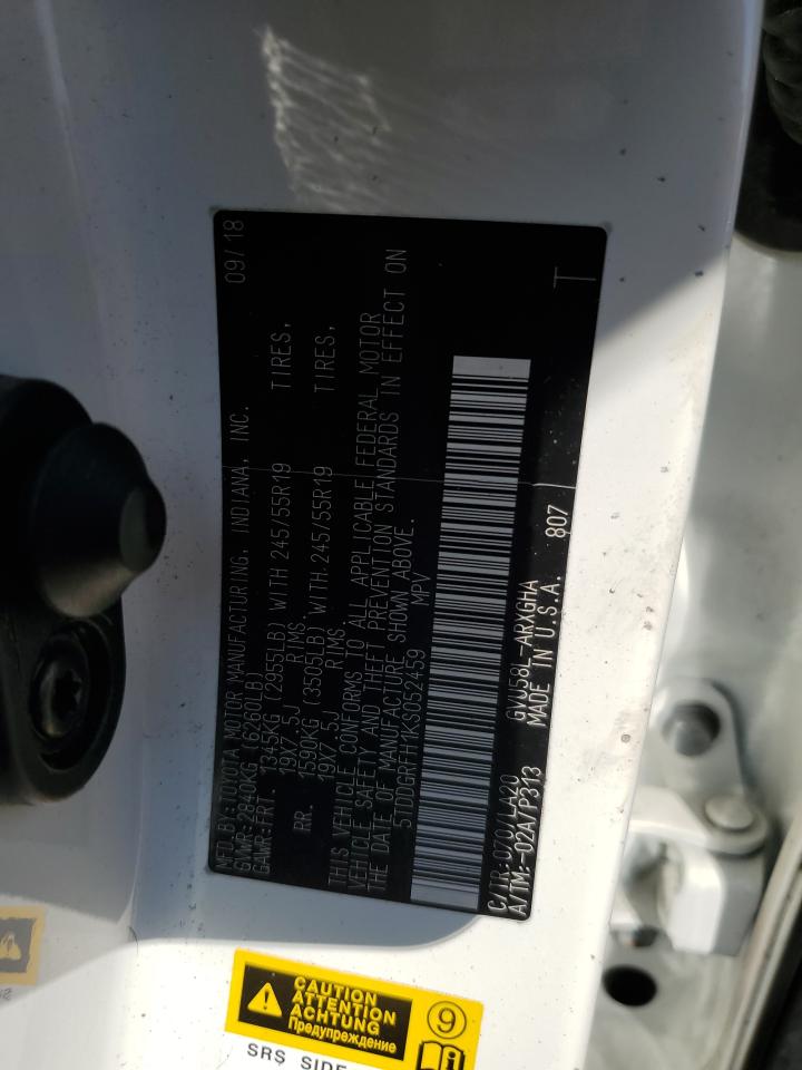 2019 Toyota Highlander Hybrid Limited VIN: 5TDDGRFH1KS052459 Lot: 84884035