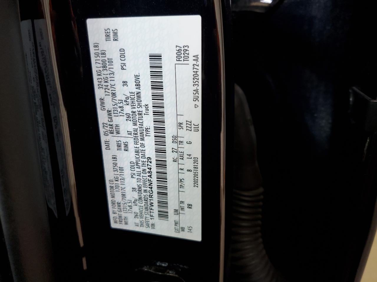 2022 Ford F150 Raptor VIN: 1FTFW1RG4NFA84729 Lot: 86251755