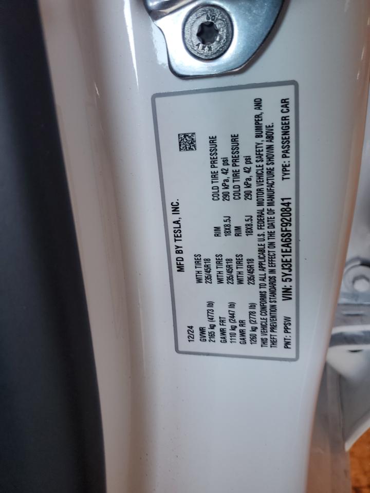2025 Tesla Model 3 VIN: 5YJ3E1EA6SF920841 Lot: 87207265