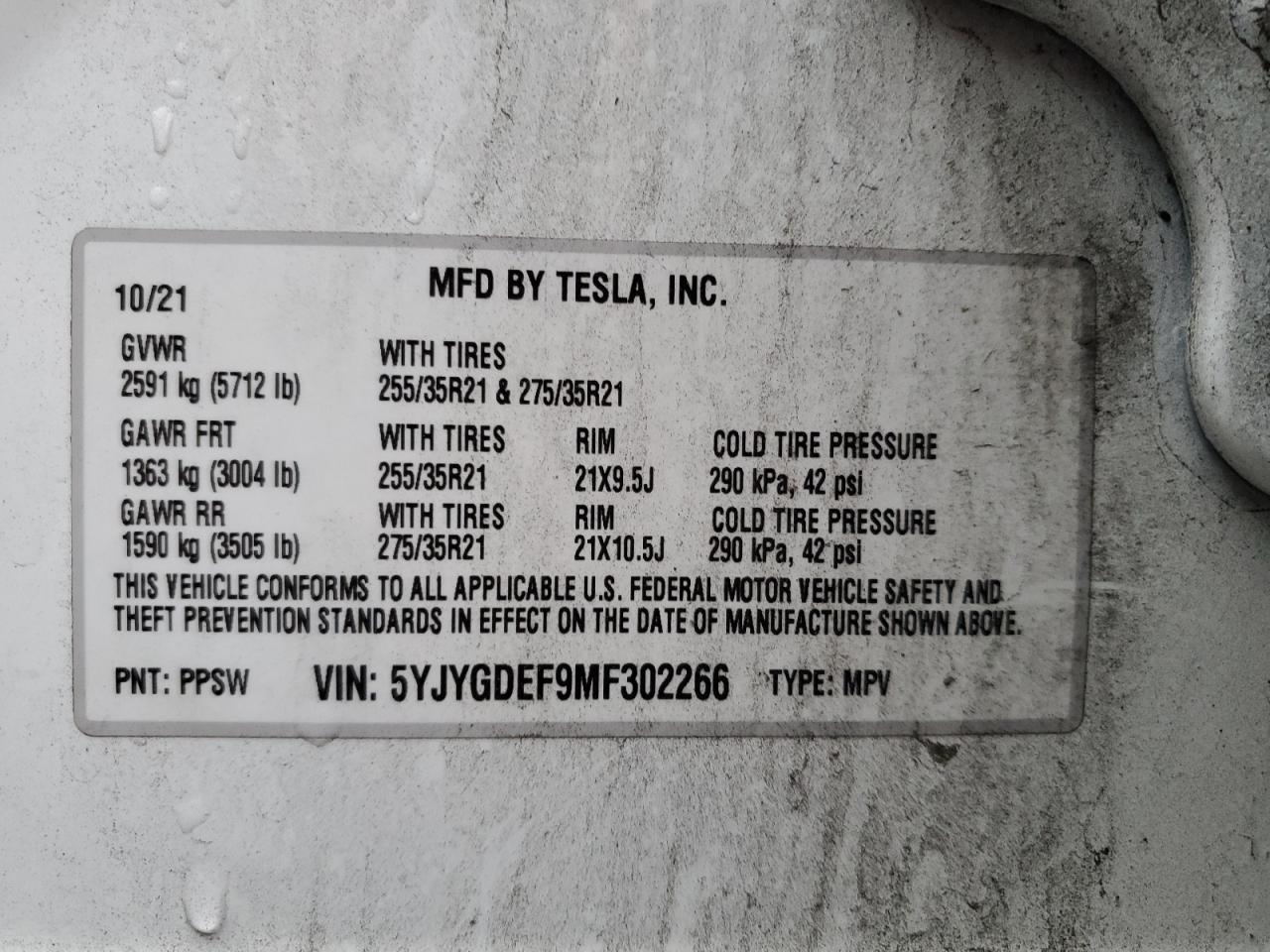 2021 Tesla Model Y VIN: 5YJYGDEF9MF302266 Lot: 86772575