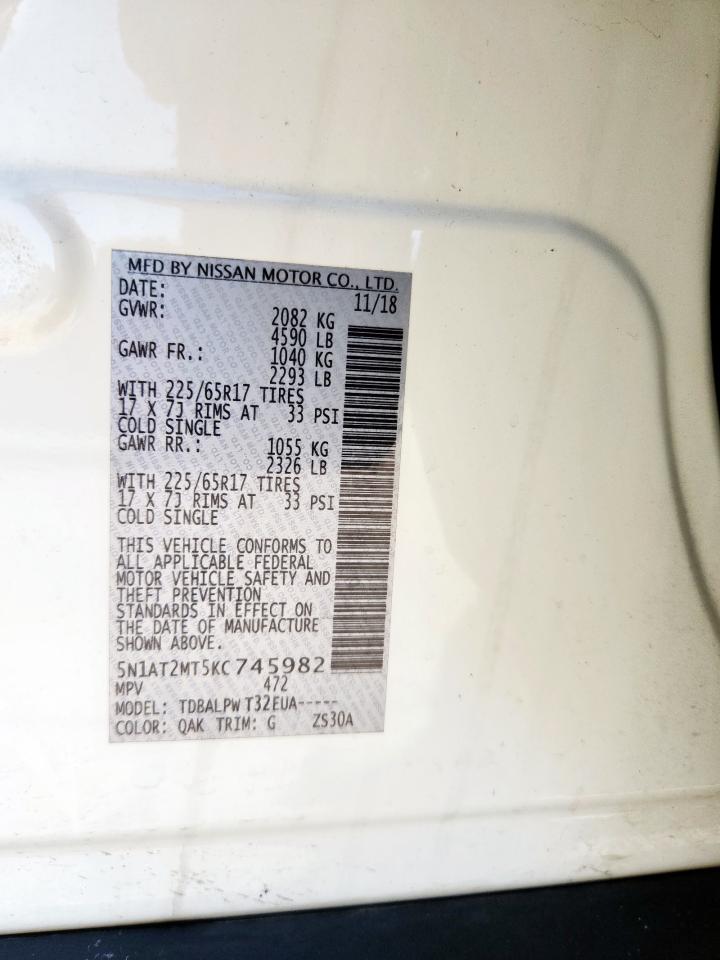 2019 Nissan Rogue S VIN: 5N1AT2MT5KC745982 Lot: 86424595