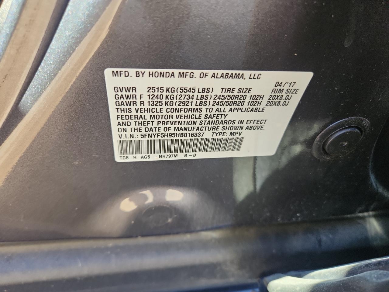 2017 Honda Pilot Touring VIN: 5FNYF5H95HB016337 Lot: 90667905