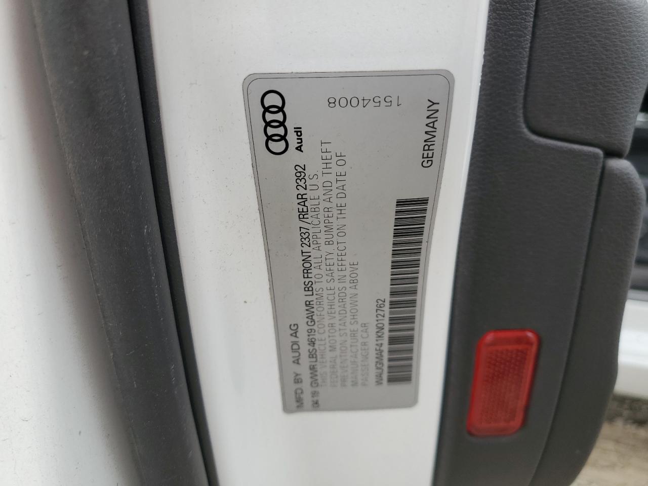 2019 Audi A4 Premium VIN: WAUGMAF41KN012762 Lot: 82434325