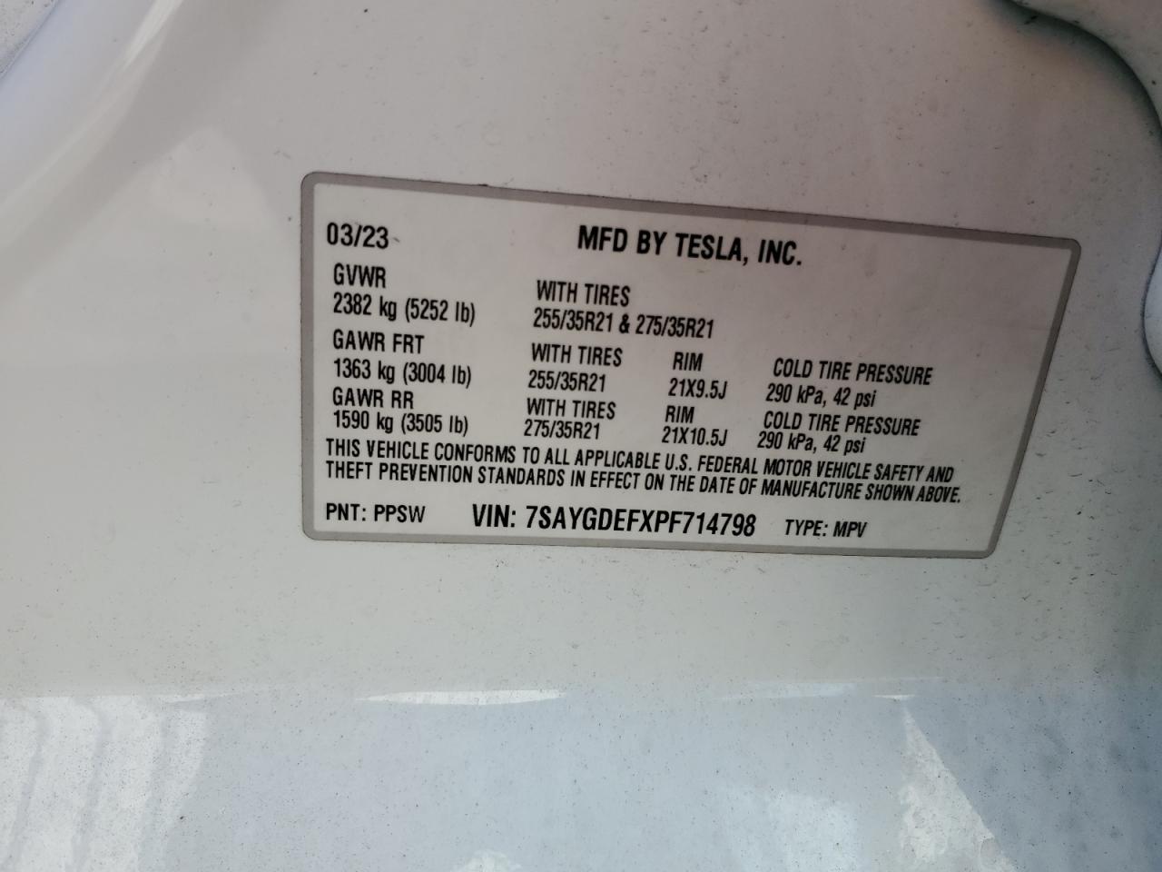 2023 Tesla Model Y VIN: 7SAYGDEFXPF714798 Lot: 90799295