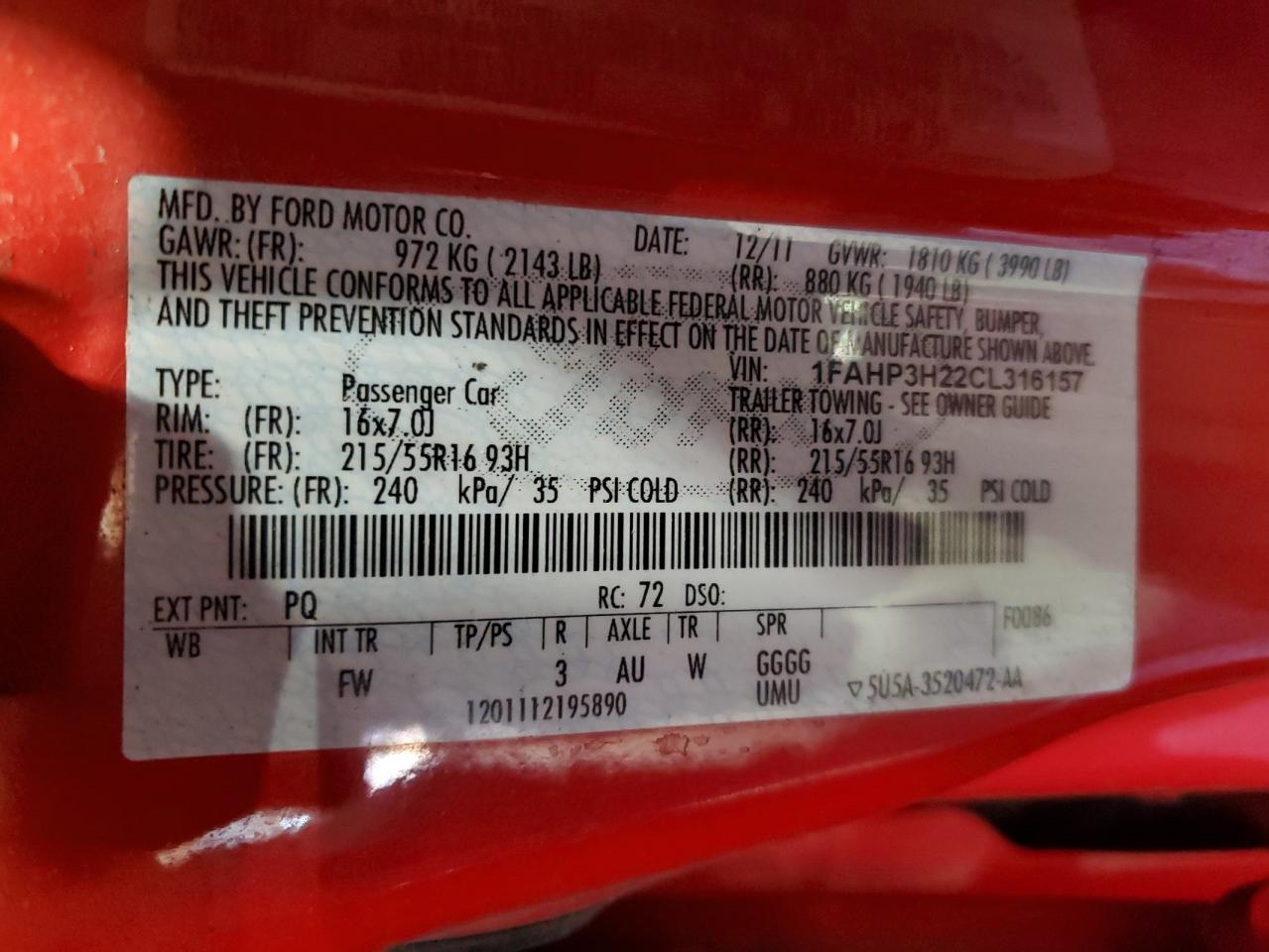 2012 Ford Focus Sel VIN: 1FAHP3H22CL316157 Lot: 86162805