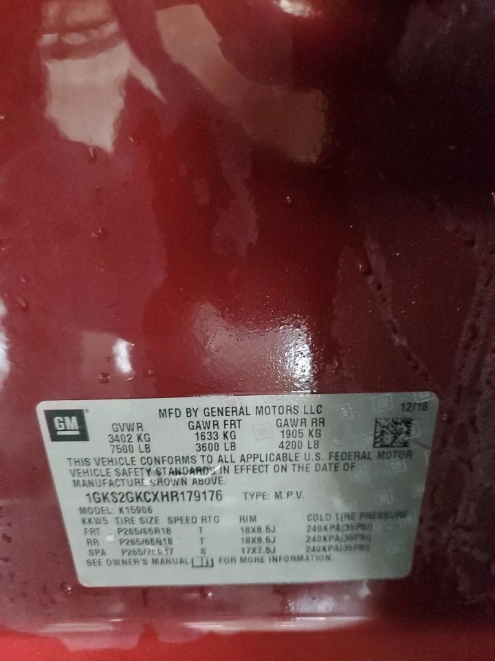 2017 GMC Yukon Xl K1500 Slt VIN: 1GKS2GKCXHR179176 Lot: 86640485