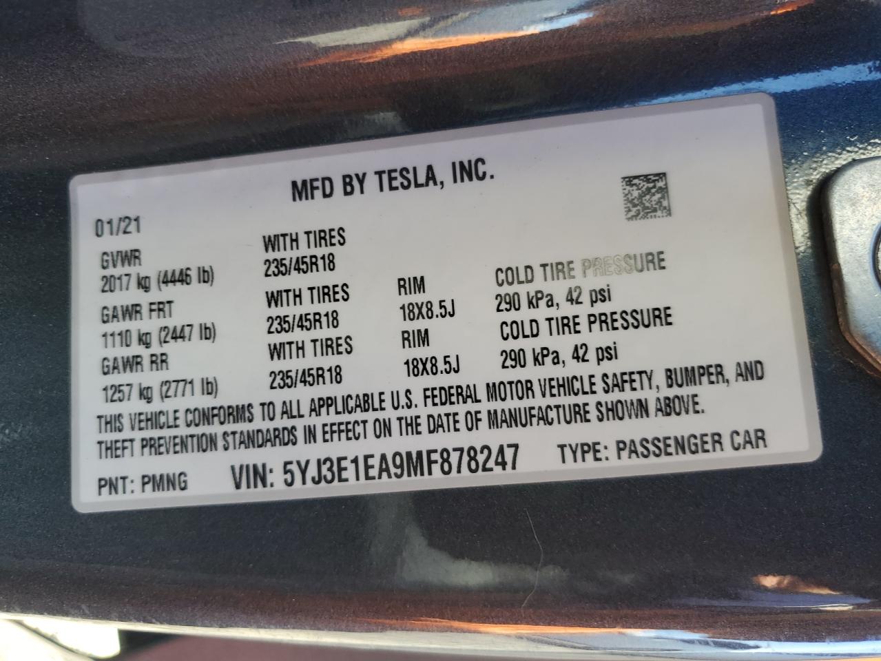 2021 Tesla Model 3 VIN: 5YJ3E1EA9MF878247 Lot: 87486135