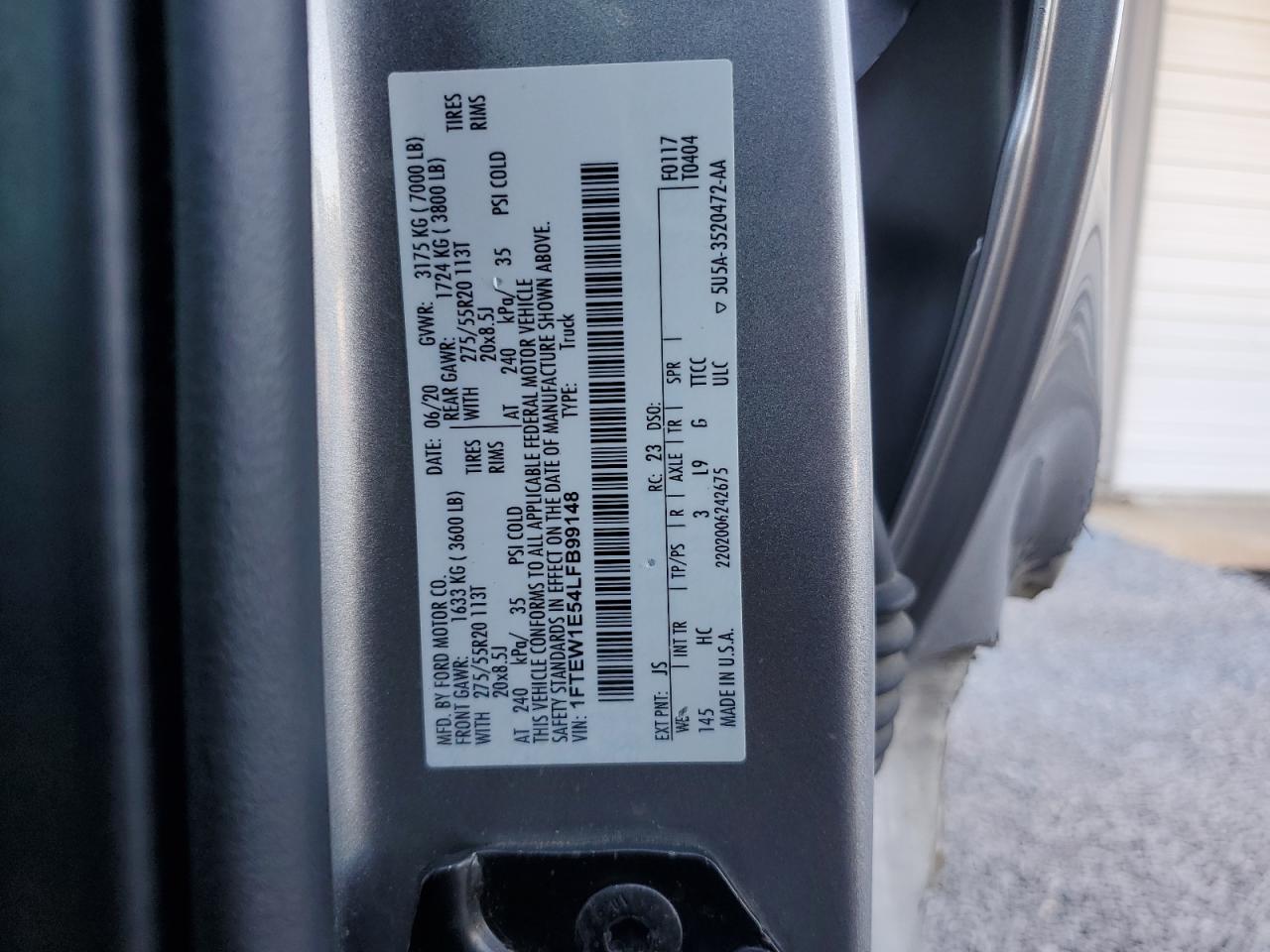 2020 Ford F150 Supercrew VIN: 1FTEW1E54LFB99148 Lot: 86870835