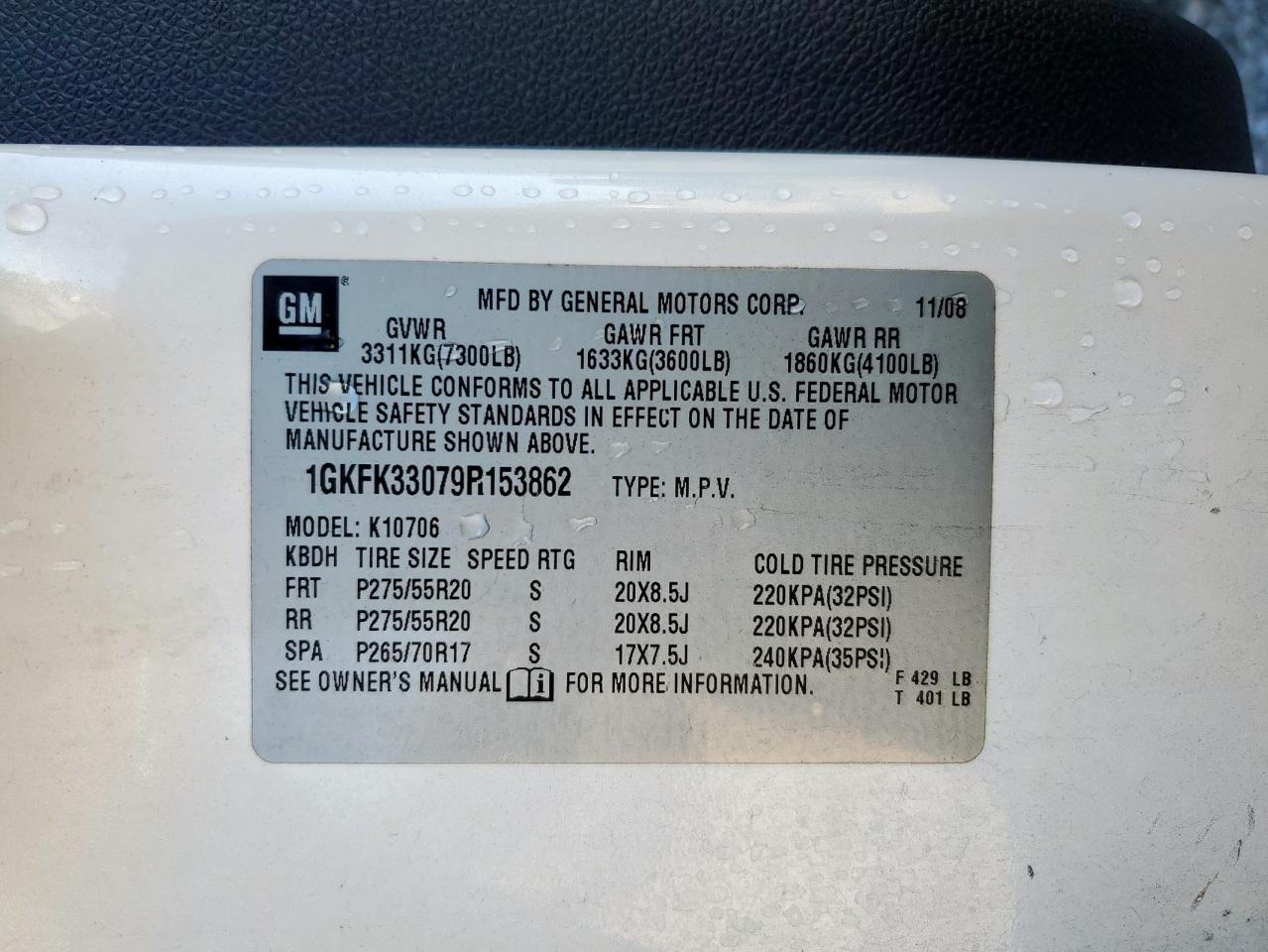 2009 GMC Yukon Slt VIN: 1GKFK33079R153862 Lot: 90799245